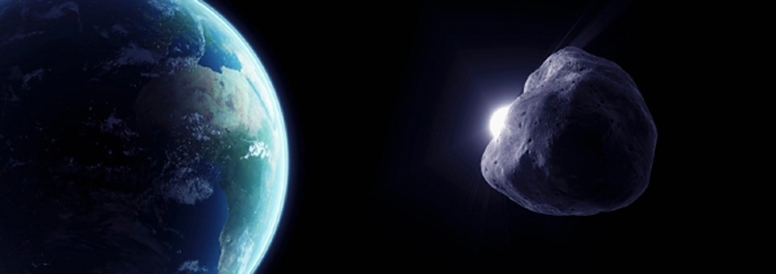Představa umělce o těsném setkání asteroidu 2012 DA14 s naší planetou.