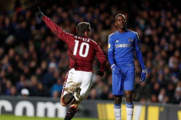 David Lafata se raduje z vedoucího gólu Sparty na hřišti Chelsea.