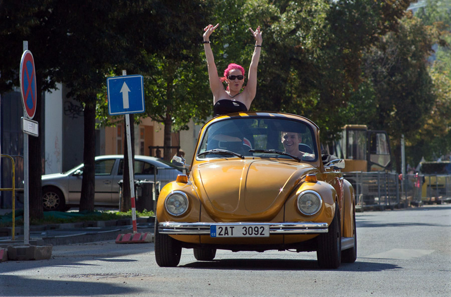 Lež má rozbité auto. 