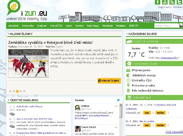 Zpravodajský portál studentských novin České zemědělské univerzity v Praze www.iZUN.eu propojí hlavní prvky otevřené žurnalistky vůbec jako první v České republice. Zpravodajský portál studentských novin České zemědělské univerzity v Praze www.iZUN.eu propojí hlavní prvky otevřené žurnalistky vůbec jako první v České republice.