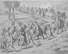 Procesí s královnou u Pattani roku 1602. Holandská kresba.