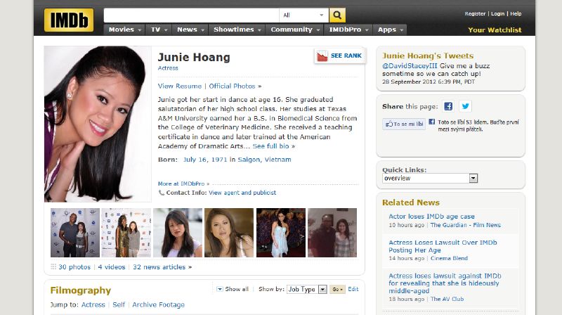 Profilová stránka Junie Hoang na serveru IMDb. Profilová stránka Junie Hoang na serveru IMDb.
