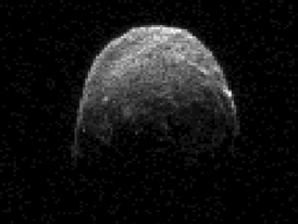 Radarový snímek asteroidu 2005 YU55 na vzdálenost 1,38 miliónu kilometrů (ilustrační foto).
