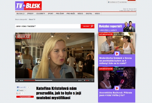 Úvodní stránka video portálu TV Blesk.