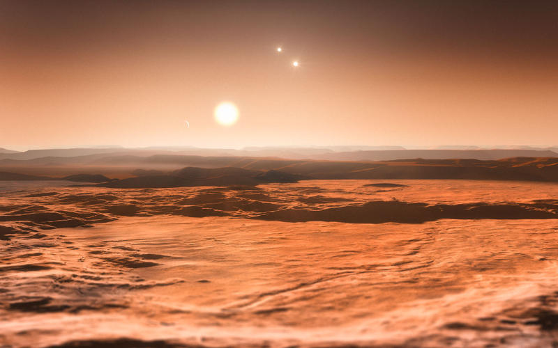 Představa umělce o výhledu do nebe na exoplanetě Gliese 667Cd.