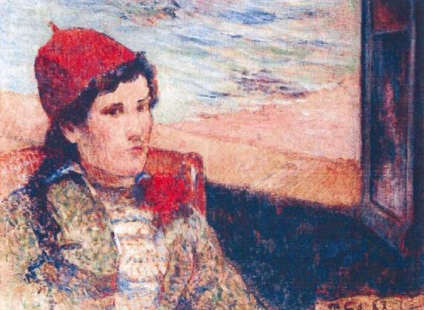 Femme devant une fenêtre ouverte, dite la Fiancée (Žena před otevřeným oknem, zvaná snoubenka) od Gauguina.