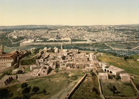 Jeruzalém kolem roku 1900 - pohled z Olivetské hory. Pro Izrael nedělitelné město.