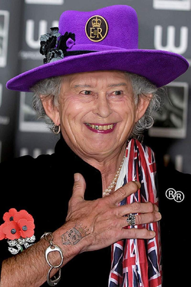 Královna Alžběta II. jako muzikant Keith Richards.