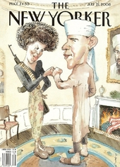 Barack Obama a jeho žena v karikatuře časopisu The New Yorker. Barack Obama a jeho žena v karikatuře časopisu The New Yorker.
