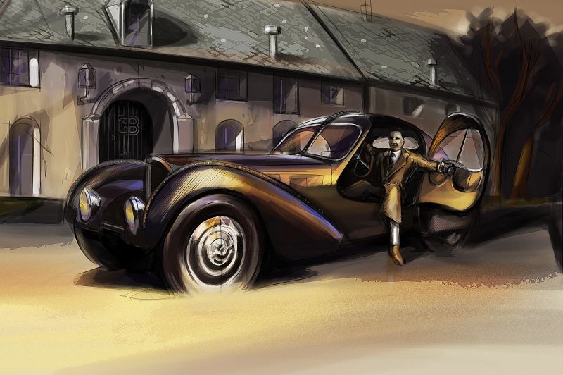 Jean Bugatti a vůz Type 57SC Atlantic na dobové malbě.