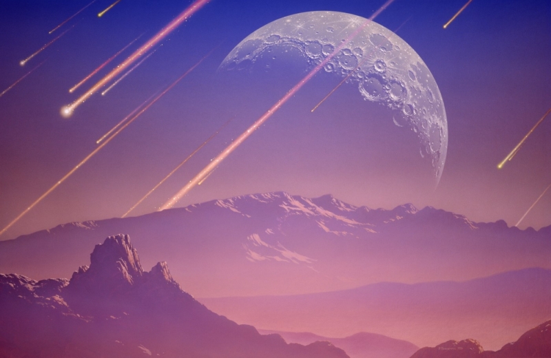 Představa umělce o meteorickém bombardování Země v počátcích sluneční soustavy. Měsíc na pozadí naznačuje, že povrch obou těles formovaly zpočátku podobné události.