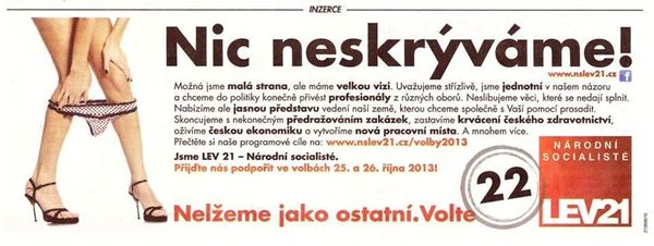 Volební inzerát strany LEV 21, která nechce před voliči skrývat vůbec nic.