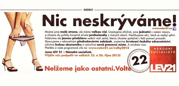 Volební inzerát strany LEV 21, která nechce před voliči skrývat vůbec nic.