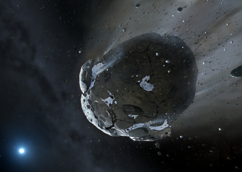 Pozůstatek planetky obíhající vzdáleného bílého trpaslíka podle představ umělce.
