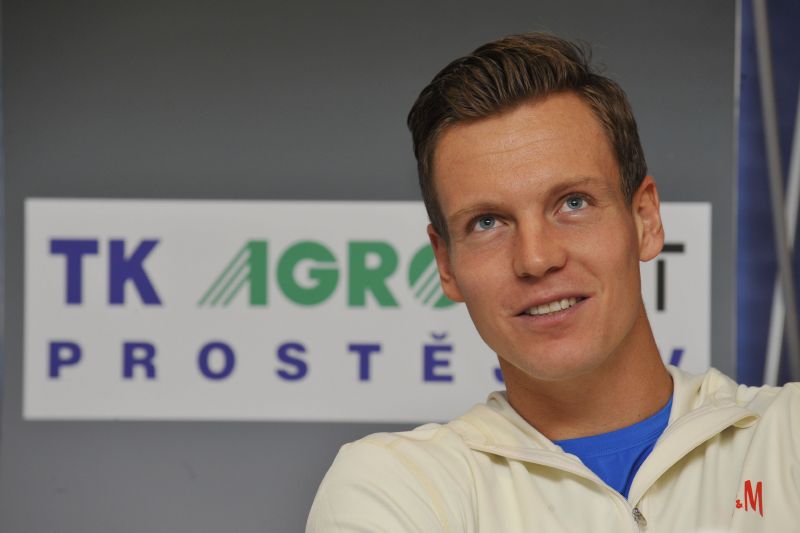 Tenista Tomáš Berdych na páteční tiskové konferenci. Tenista Tomáš Berdych na páteční tiskové konferenci.