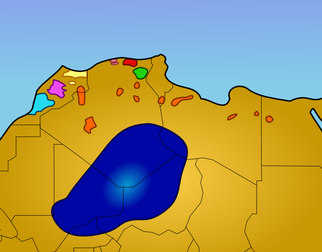 Hlavní oblasti Tuaregů (modrá) a dalších Berberů v  severozápadní Africe.