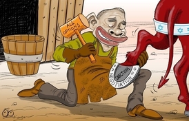 Obamovo taktizování při jednáních 5 + 1, karikatura íránské agentury FARS.