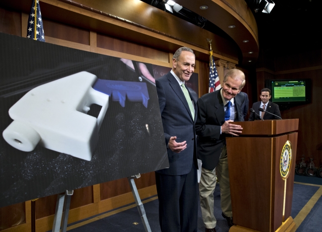 Senátoři Chuck Schumer (vlevo) Bill Nelson mluví o zákonu v Kapitolu.