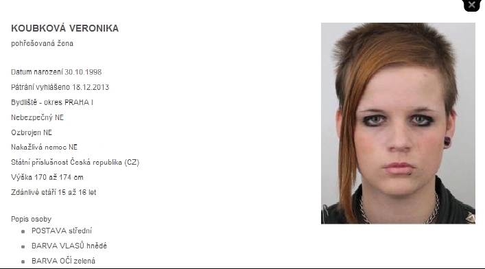 Pohřešovaná a nyní nalezená Veronika Koubková. Pohřešovaná a nyní nalezená Veronika Koubková.