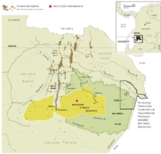 Mapa ropovodů v oblasti rezervace kmene Huaorani a parku Yasuní.
