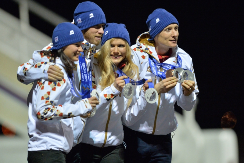 Čeští biatlonoví medailisté ze Soči: (zleva) Veronika Vítková, Jaroslav Soukup, Gabriela Soukalová a Ondřej Moravec.