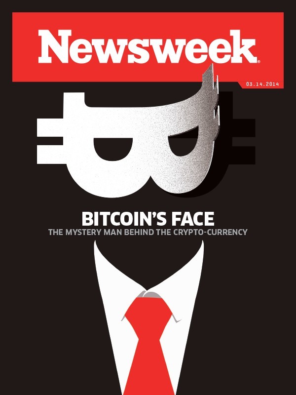 Titulní strana obnoveného Newsweeku odhaluje zakladatele internetové měny bitcoin.