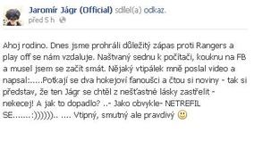 Jágrův nedělní vzkaz fanouškům.
