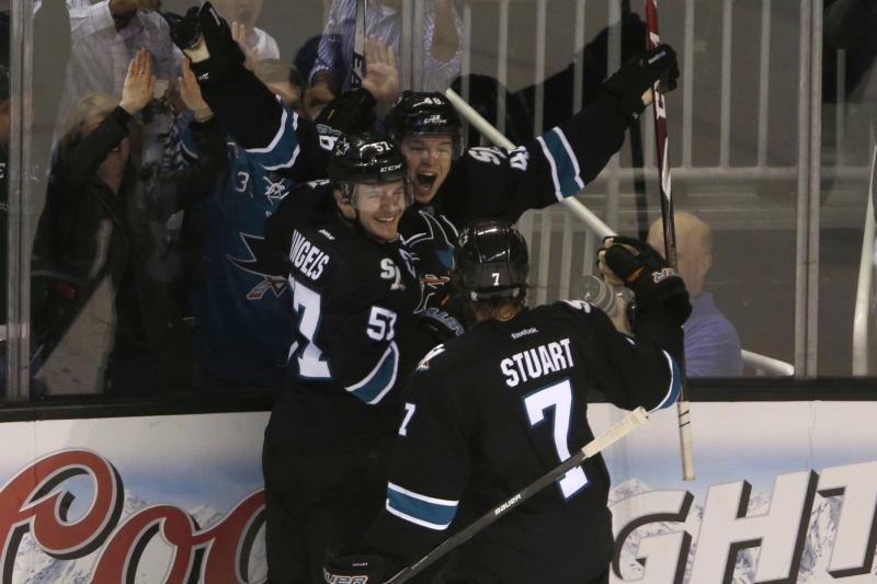 Tomáš Hertl (uprostřed) se raduje ze svého prvního gólu v play-off. Tomáš Hertl (uprostřed) se raduje ze svého prvního gólu v play-off.