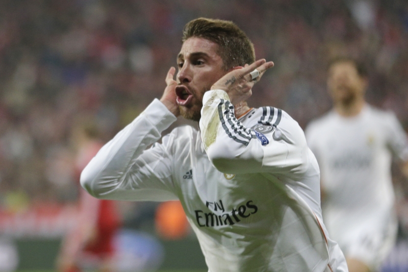 Sergio Ramos se raduje z gólu proti Bayernu.
