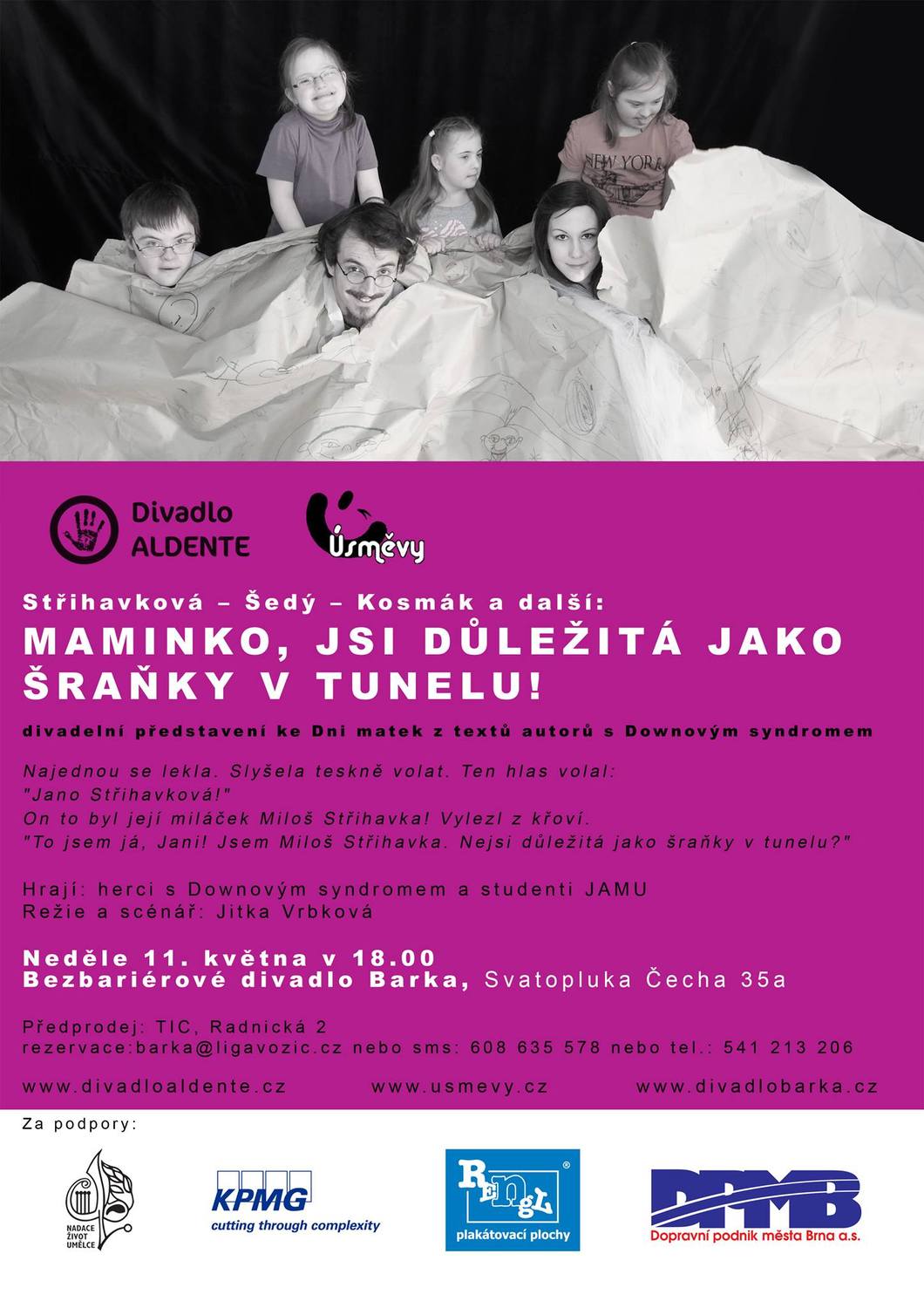 V projektu nazvaném Maminko, jsi důležitá jak šraňky v tunelu spolupracují herci s Downovým syndromem se svými zdravými sourozenci a studenty JAMU. V projektu nazvaném Maminko, jsi důležitá jak šraňky v tunelu spolupracují herci s Downovým syndromem se svými zdravými sourozenci a studenty JAMU.