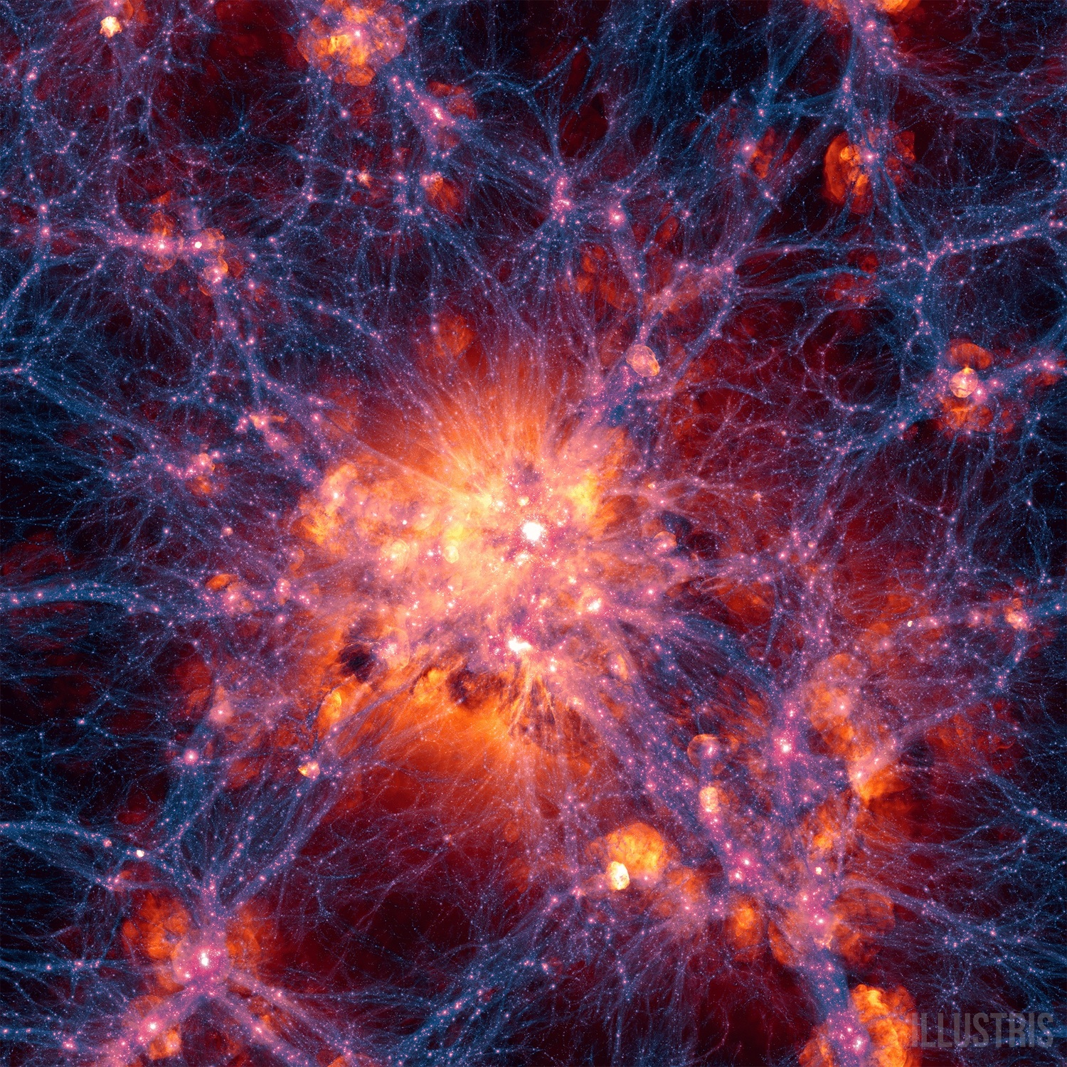 Síť z temné hmoty obklopená viditelnou hmotou, jak ji vytvořil model vývoje vesmíru Illustris.