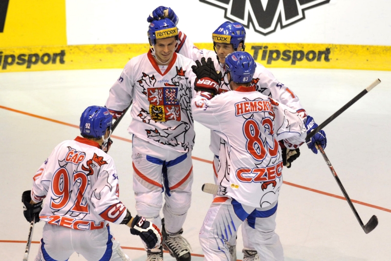 Český tým při zápase MS v inline hokeji v Pardubicích.