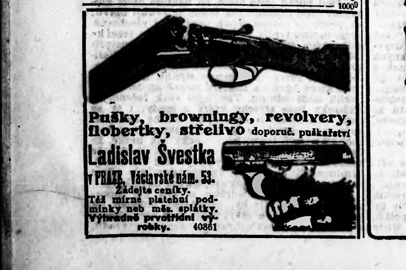 Dobová reklama na revolver z jara roku 1914.