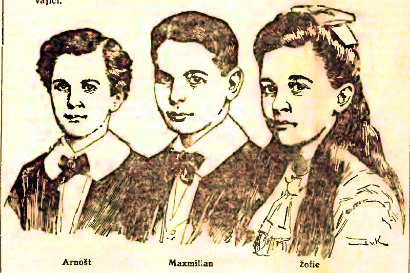 Děti následníka trůnu v novinové ilustraci. 