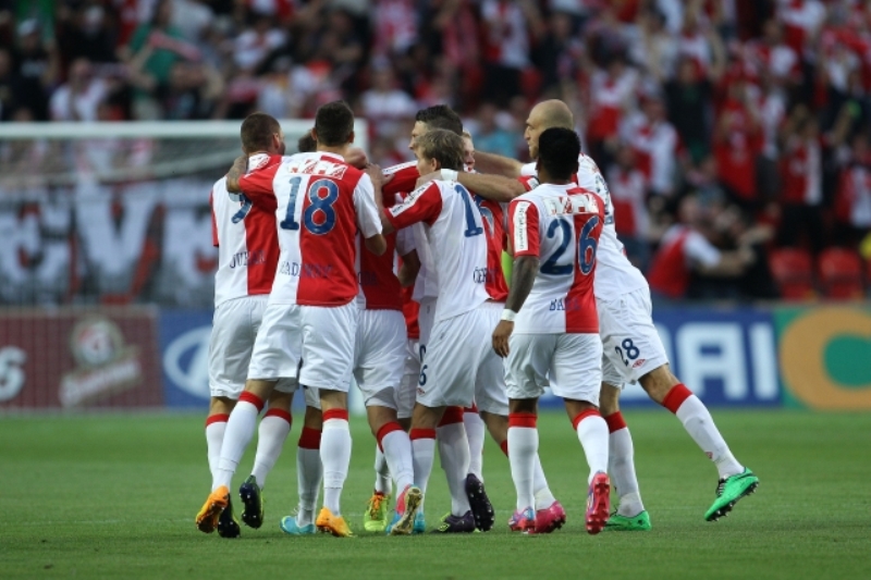 Gólová radost fotbalistů pražské Slavie.
