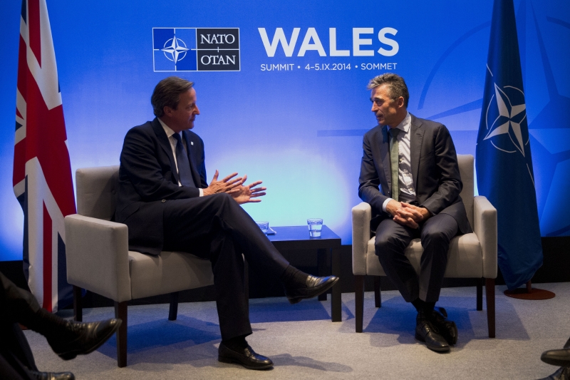 Britský premiér Cameron (vlevo) a šéf NATO Rasmussen na summitu NATO.