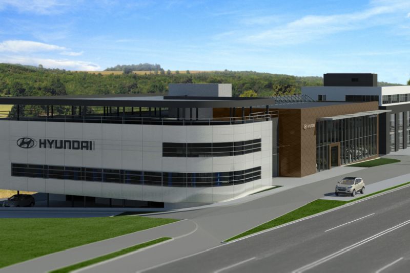 Moderní prodejní a servisní stánek značky Hyundai ve Zlíně.