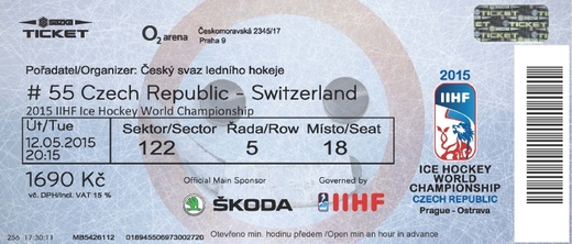 Detail vstupenky na hokejové MS 2015.