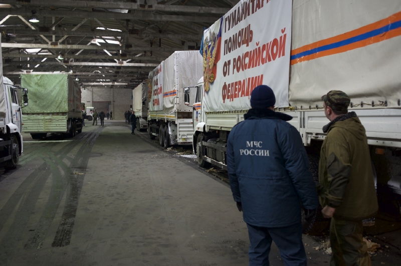 Ruský konvoj humanitární pomoci připravený odjet na Ukrajinu.