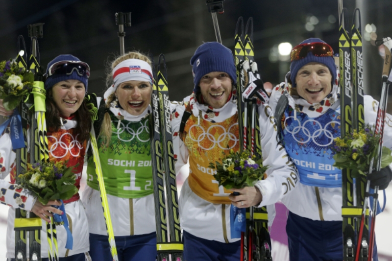 Čeští biatlonisté (zleva) Veronika Vítková, Gabriela Soukalová, Jaroslav Soukup a Ondřej Moravec vybojovali na OH v Soči pět medailí.