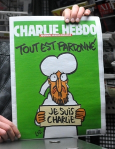 Titulní strana týdeníku Charlie Hebdo s karikaturou proroka Mohameda.