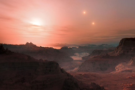 Takhle nějak by mohl vypadat východ slunce na exoplanetě Gliese 667 Cc, jejíž mateřská hvězda je součástí trojhvězdy vzdálené od Slunce necelých třiadvacet světelných let.