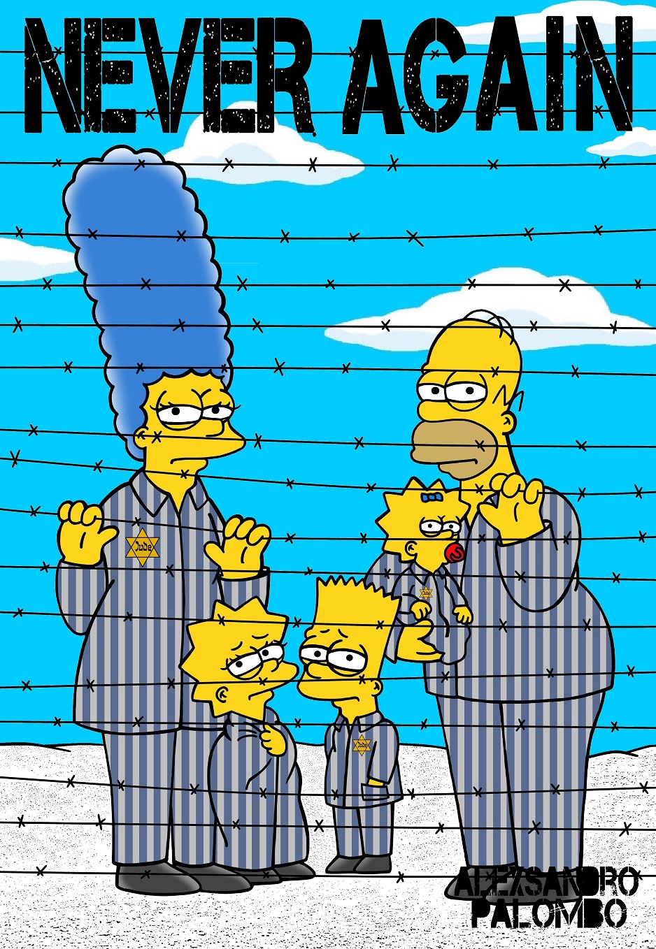 Satirický kreslíř a aktivista vyobrazuje postavičky ze známého seriálu Simpsonovi jako vězně v koncentračním táboře. "Nikdy víc", říkají hesla na tabulích obětí. Stejný název dostal i celý projekt. Satirický kreslíř a aktivista vyobrazuje postavičky ze známého seriálu Simpsonovi jako vězně v koncentračním táboře. "Nikdy víc", říkají hesla na tabulích obětí. Stejný název dostal i celý projekt.
