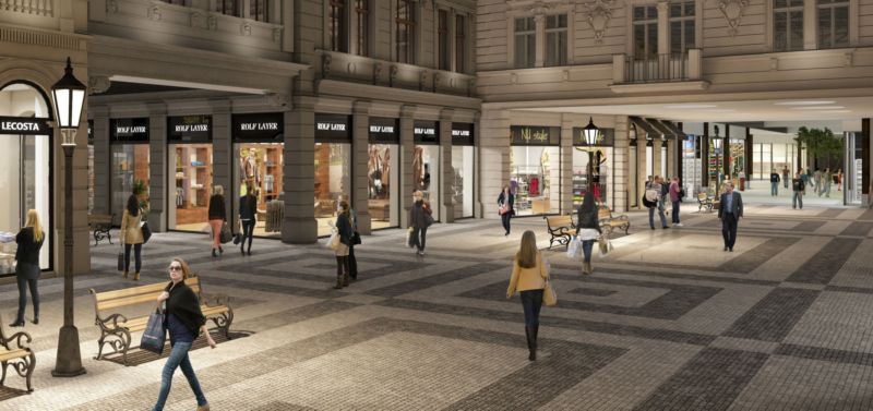 Část budovy by měla mít podobu obchodního bulváru z historického centra Prahy.