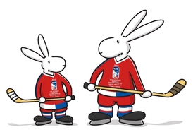 Maskoti hokejového MS v Praze a Ostravě Bob a Bobek.
