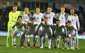 Přípravné fotbalové utkání Slovensko - ČR 31. března v Žilině. Český tým před začátkem utkání.