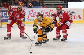 Finále play off hokejové extraligy - 2. zápas: HC Oceláři Třinec - HC Verva Litvínov, 12. dubna v Třinci. Zleva Marek Trončinský (Třinec), František Gerhát (Litvínov) a Tomáš Linhart (Třinec).