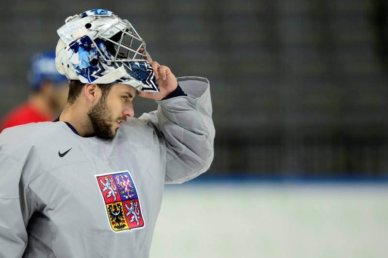 Ondřej Pavelec na tréninku české reprezentace.