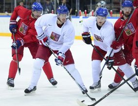 Trénink české hokejové reprezentace před mistrovstvím světa, 28. dubna v Praze. Zleva Jaromír Jágr, Roman Červenka, Vladimír Sobotka a Jakub Klepiš.