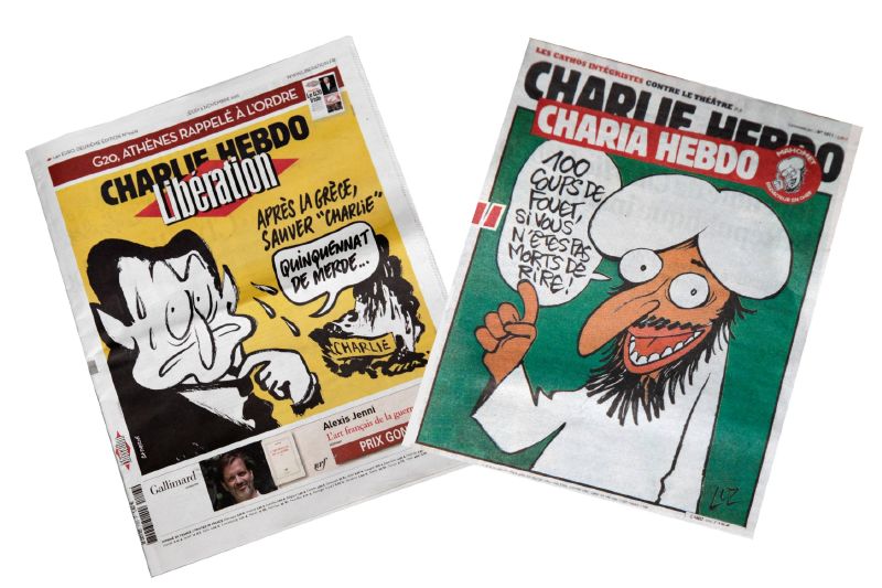 Titulky časopisů Charlie Hebdo.